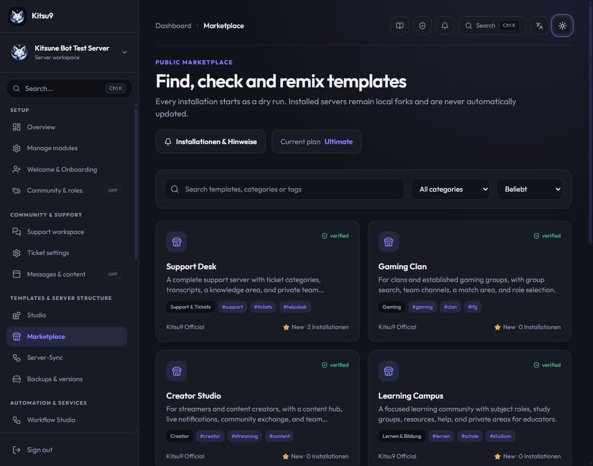 Kitsu9 Marketplace mit geprüften Vorlagen für Discord-Server